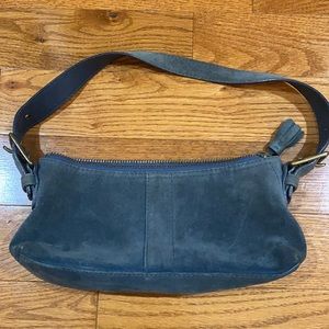 Coach purse, navy suede, gold zip/adjustable strap